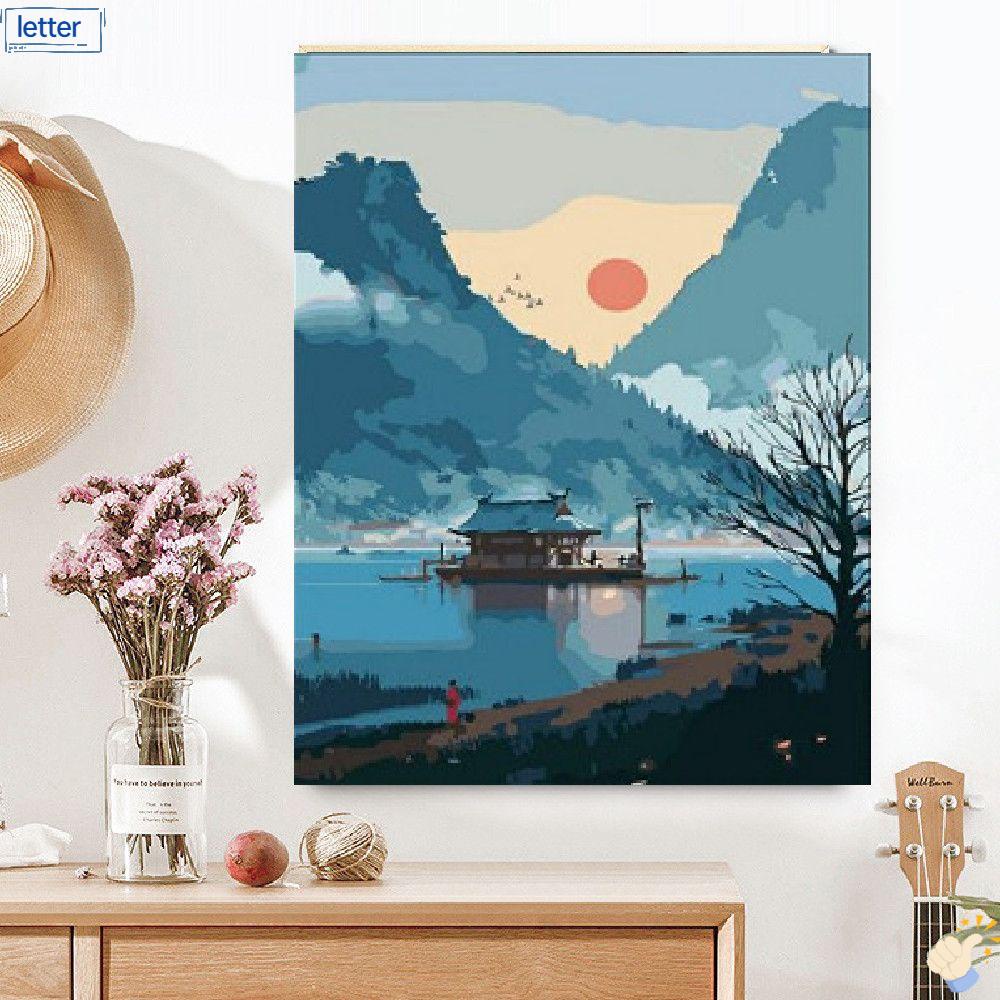 [LET] 40x50cm Digital Oil Painting Mountain By Numbers DIY Wall Art Landscape Painting River Sunrise Decorative Painting