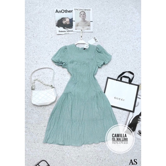 Đầm xoè tay bồng màu xanh mint vải đũi nhăn