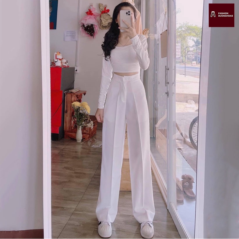 Quần Ống Rộng Suông lưng cao khóa trước 1 khuy chất tuyết mưa khuy giữa quần culottes ống xuông cạp cao cho nữ 008