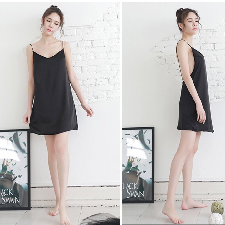 [Che tên] Váy ngủ lụa satin 2 dây mảnh gợi cảm - Đen