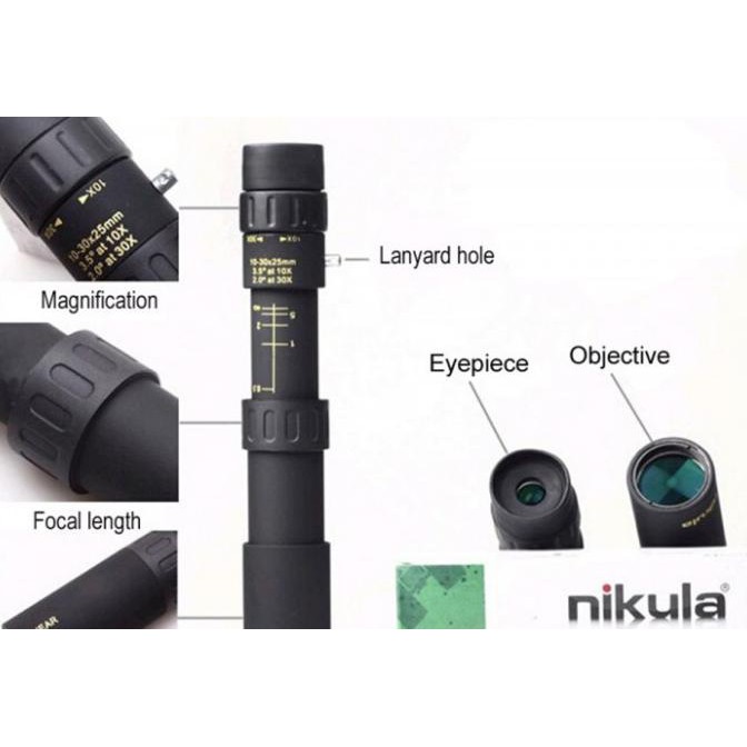 Ống Nhòm Một Mắt Nikula 10-30 X 25 Zoom - Hd Mini Di Động Bằng Nhôm