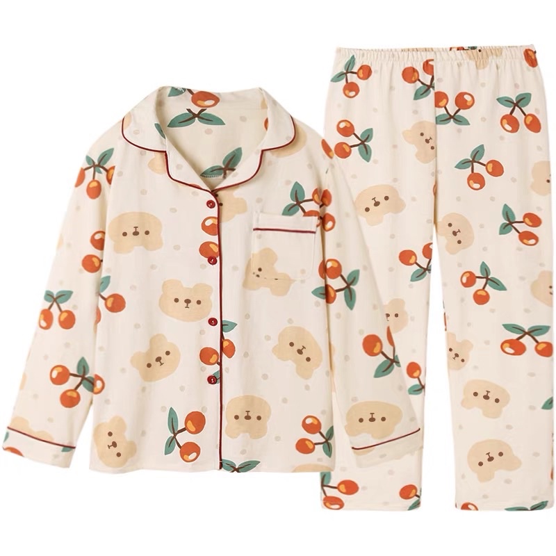 Bộ Ngủ Pijama Dài Tay Gấu Mix Cherry Nữ Form Rộng