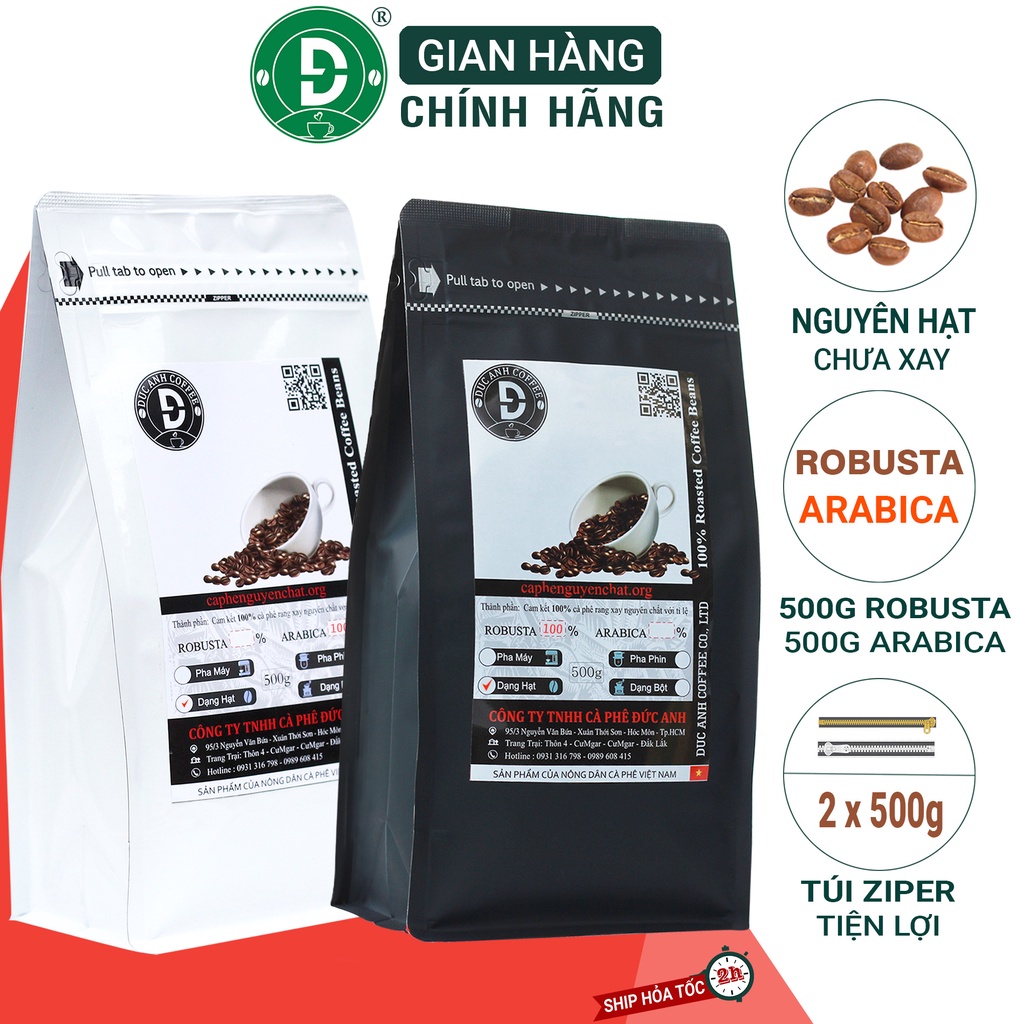 Combo 1Kg Hạt pha Máy Robusta + Arabica ( Robusta 500g + Arabica 500g ) - Cà Phê Đức Anh Hạt Rang Mộc