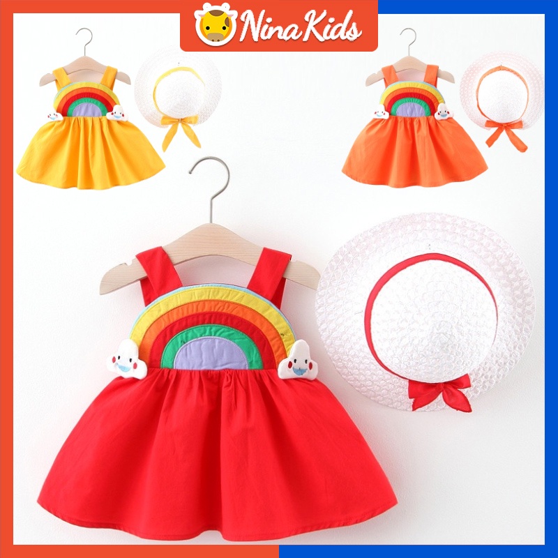 Đầm không tay in họa tiết cầu vồng kèm mũ dành cho bé gái 1-5 tuổi