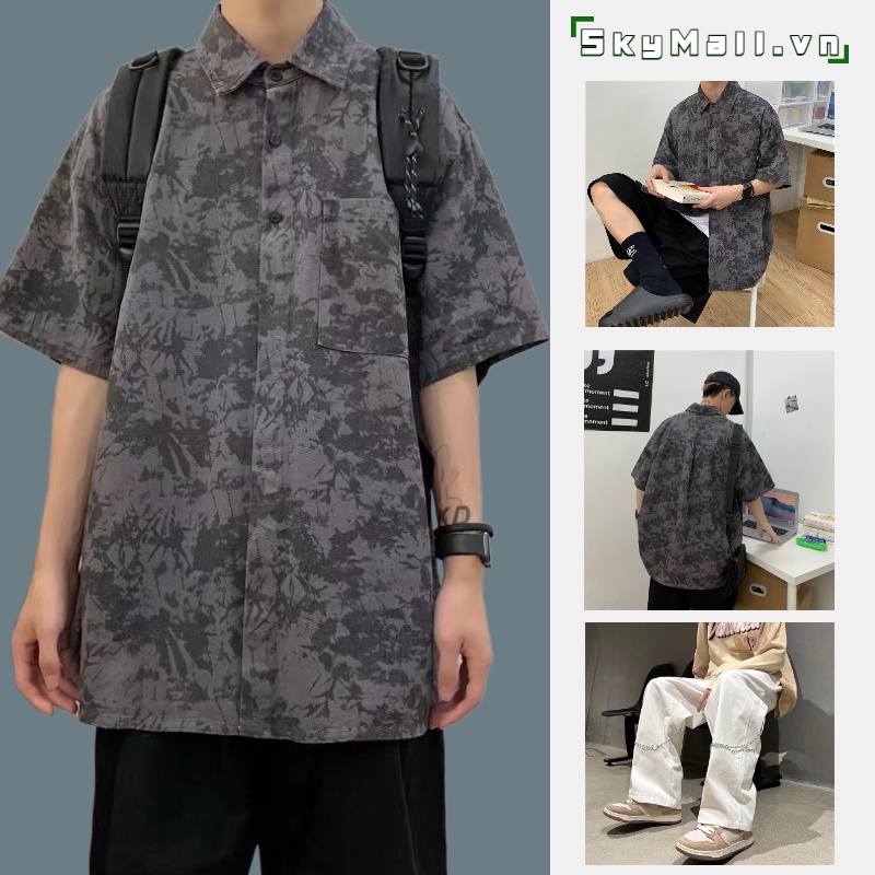 Hàn Quốc bôngáo sơ mi nam ngắn tayÁo Sơ Mi Ngắn Tay Phong Cách Đường Phố Cá Tính Cho Nam unisex áo thun kiểu nữ