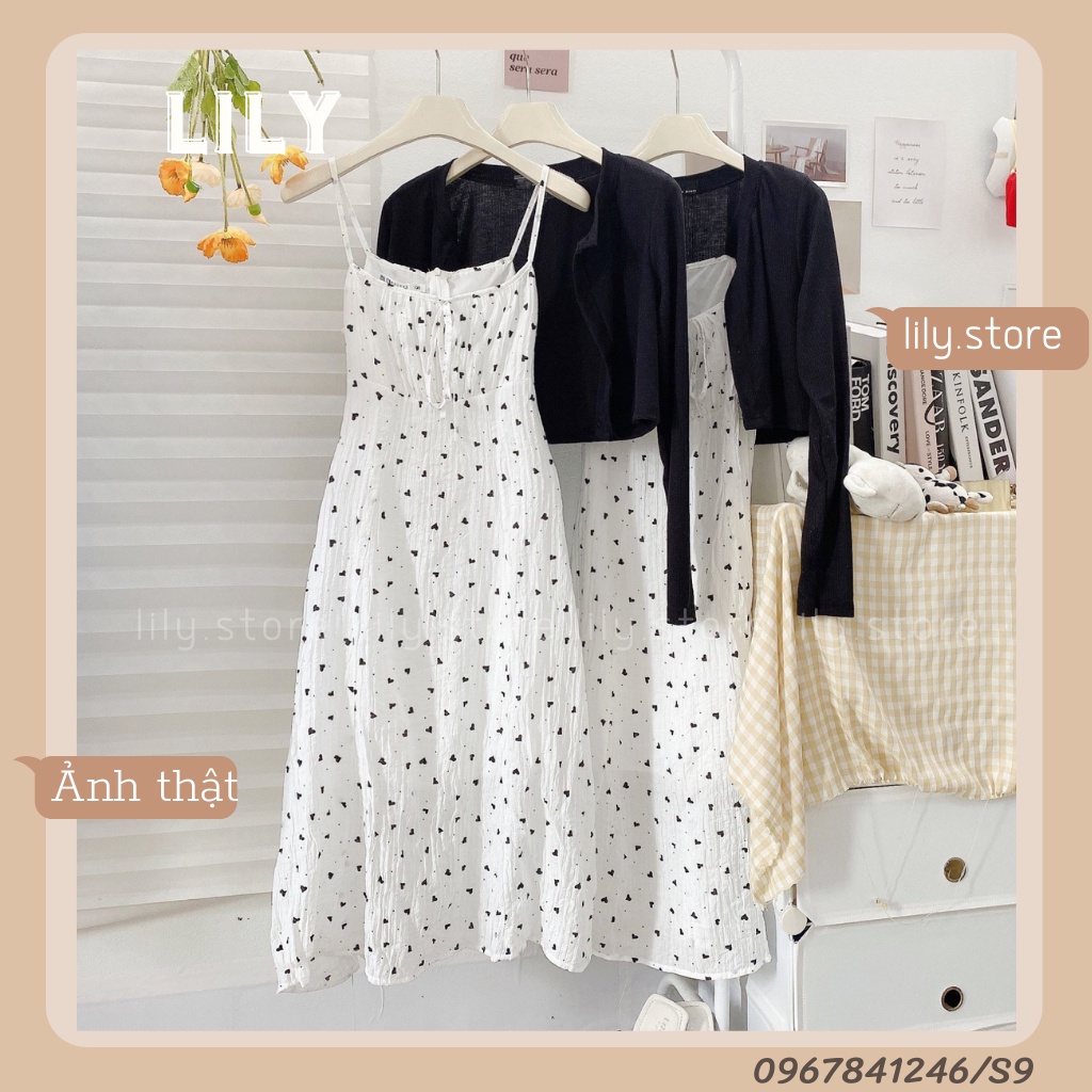 Set váy hai dây dáng dài mix áo len croptop tay dài, Đầm hai dây hoa nhí mix croptop len tăm size S/M S9 LILY