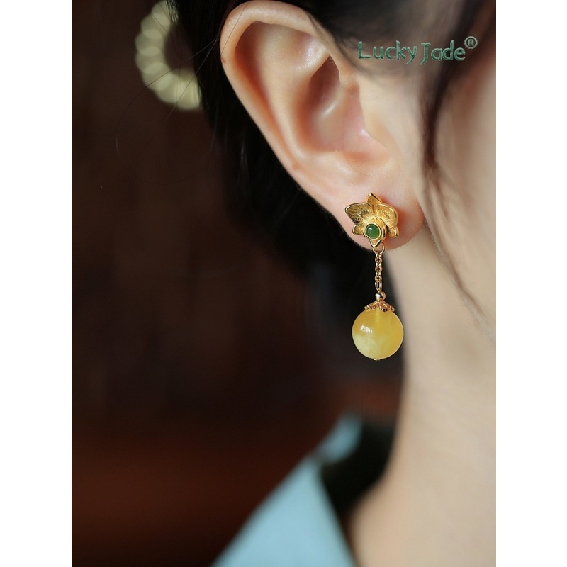 Khuyên Tai Bạc Đính Đá Hổ Phách Cao Cấp Phong Cách Trung Hoa Cho Nữ