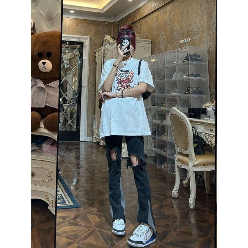 Quần Jean Dài Lưng Cao Ống Loe Rách Gối Phong Cách Hip Hop Đường Phố Mỹ Thời Trang Mùa Hè Cho Nữ