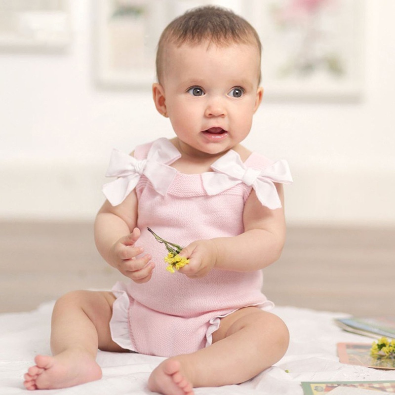 Bộ Áo Liền Quần Dệt Kim Không Tay Đính Nơ Phối Bèo Ngọt Ngào Thời Trang Mùa Hè Cho Bé Gái