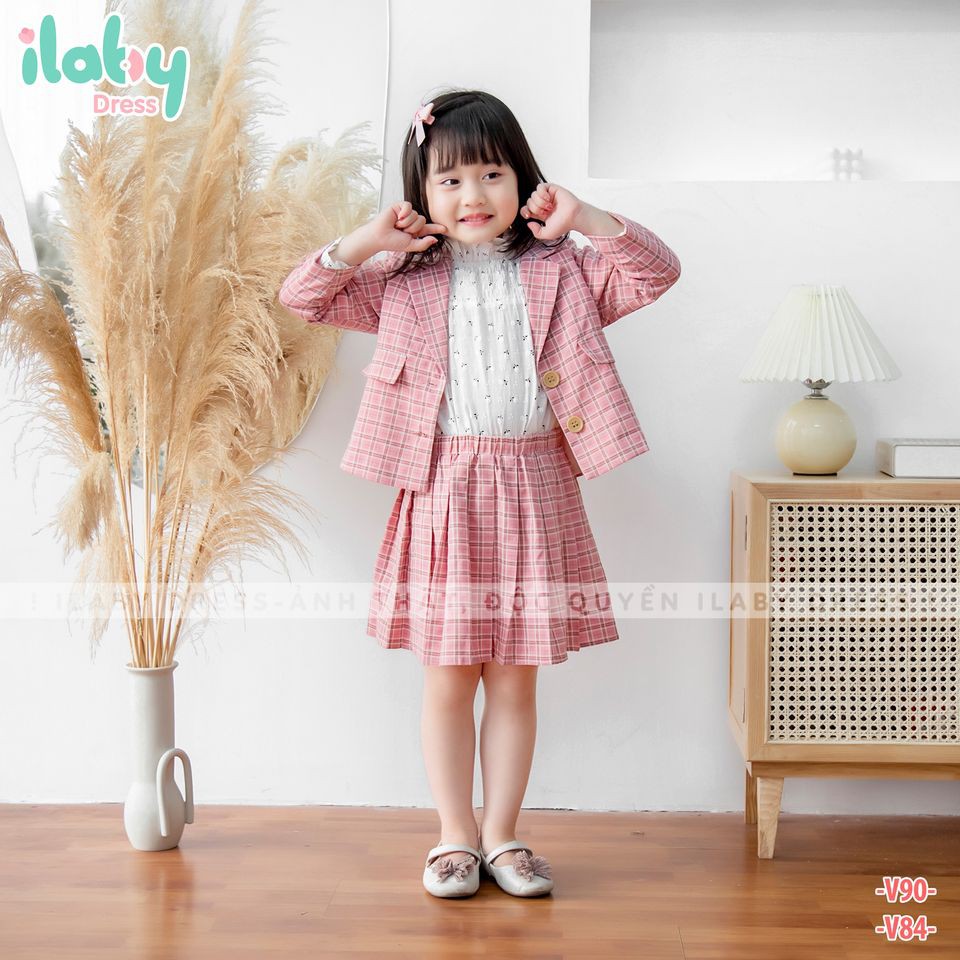 Set (áo + váy) dạ cổ vest ILABY cho bé gái từ 1-10 tuổi [V84]