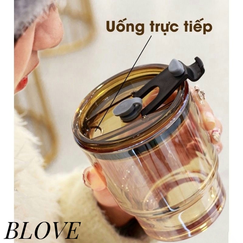 Cốc thuỷ tinh vỏ da có nắp và ống hút, ly uống nước đẹp dung tích 450ml Gorgous màu hổ phách sang trọng