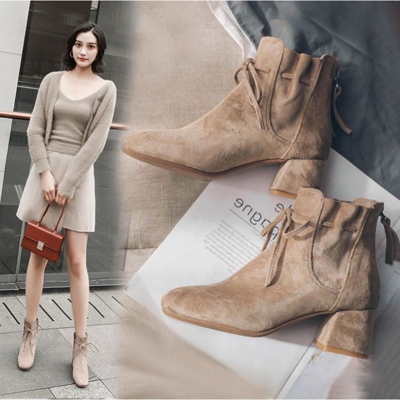 Boot Nữ Cao Gót 5CM Gót Vuông Mũi Vuông Da Lộn