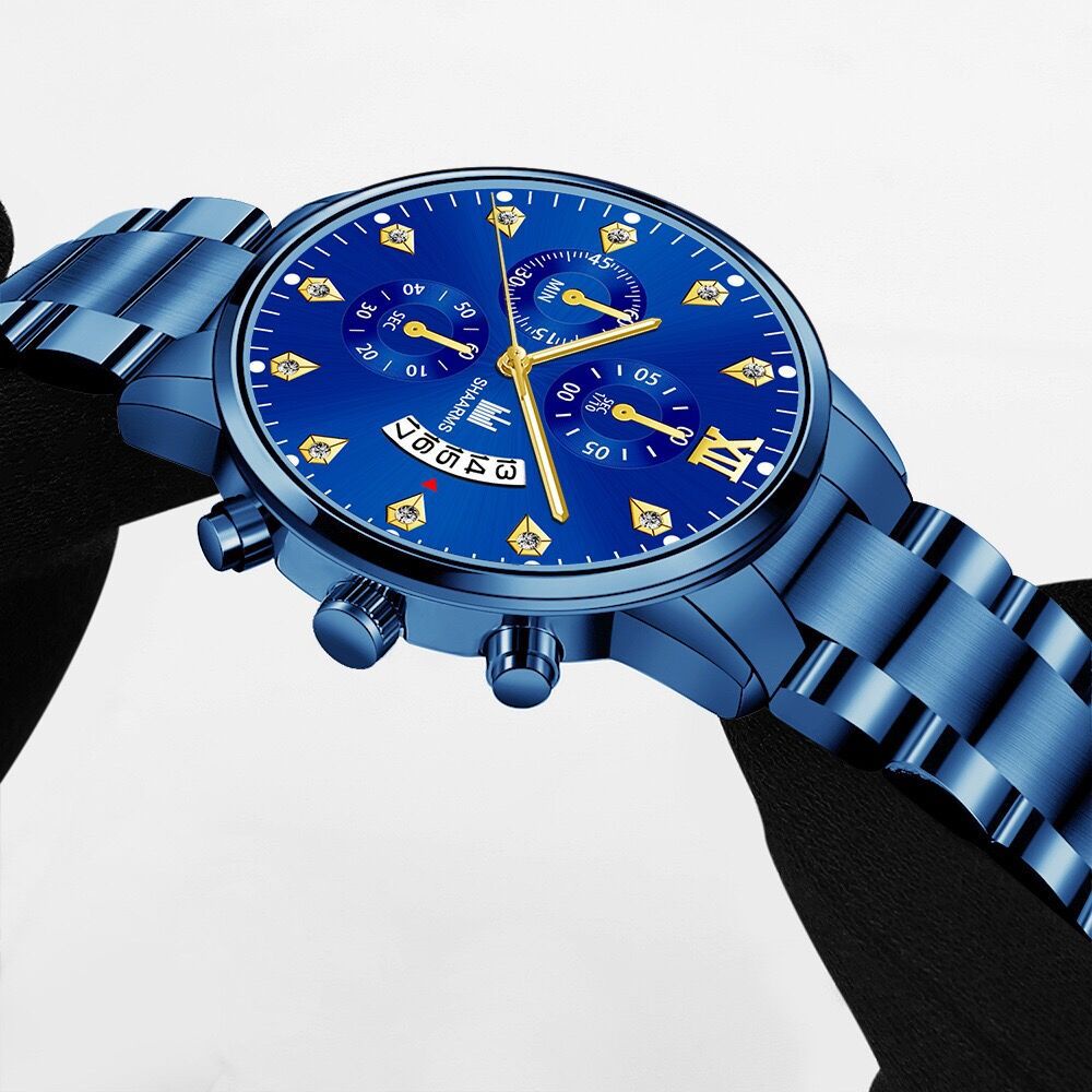 Đồng Hồ Đeo Tay Ba Mắt Bằng Thép Không Gỉ Đính Kim Cương Giả Màu Xanh Dương Độc Đáo Thời Trang Cho Nam C