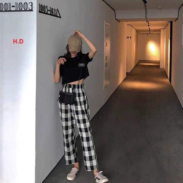 Sét quần kẻ + áo Croptop chữ vuông HĐ12 vintage TTPM