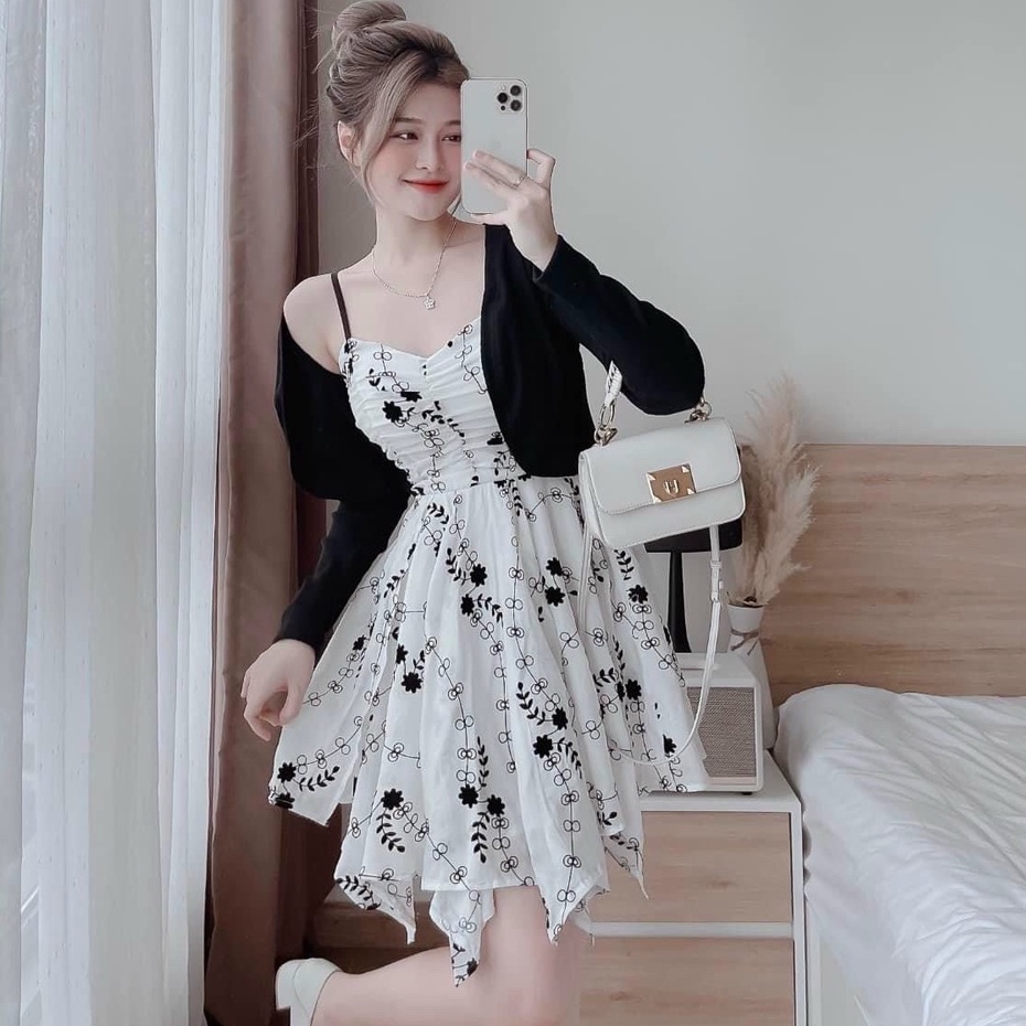 Set váy 2 dây dáng xòe in họa tiết hoa kèm áo khoác đen tay dài sang chảnh thiết kế dự tiệc dạo phố XM đầm Minh Phúc