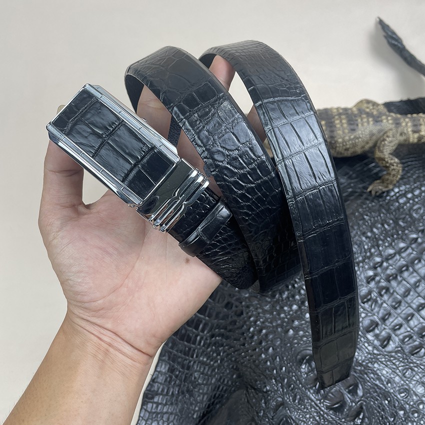 Thắt Lưng Nam Dây Nịt Da Cá Sấu Thật 100% Phần Da Bụng Trơn Màu Đen ST340 BH 24 Tháng Tặng Kèm Hộp