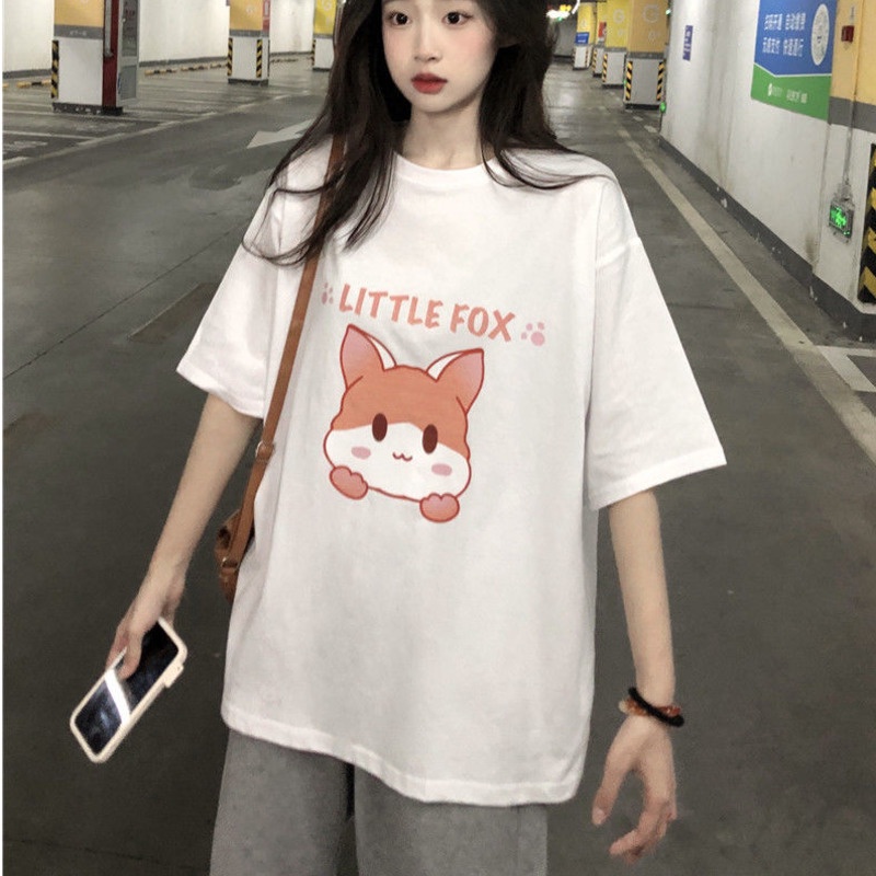 Áo Thun Tay Ngắn Dáng Rộng Hoạ Tiết Chú Cáo Đáng Yêu