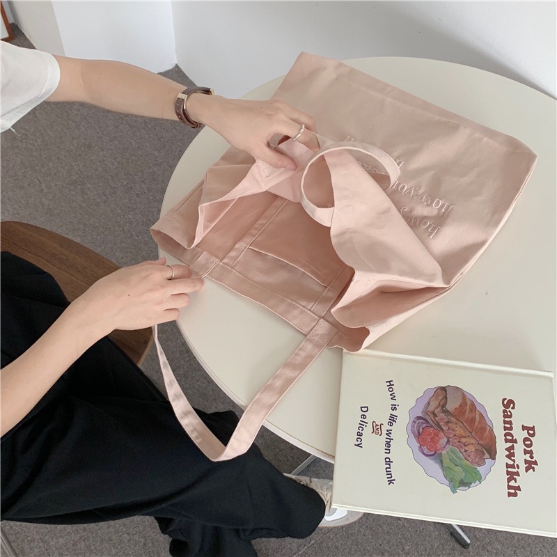 Túi vải canvas đeo vai thêu chữ màu macaron thời trang cho nữ