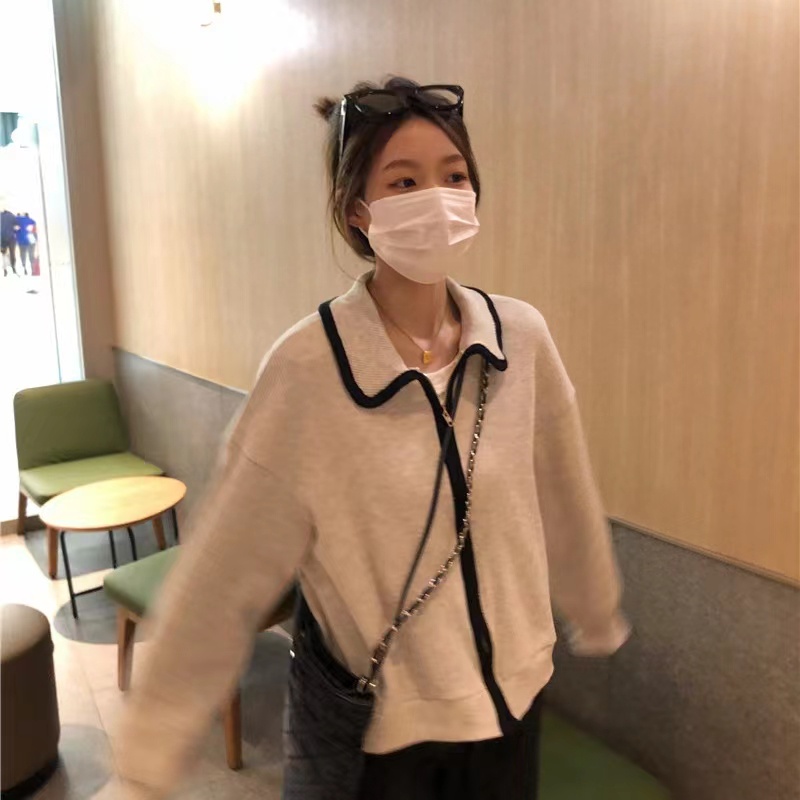 Áo khoác cardigan ZHELIHANGFEI thiết kế dài tay cổ polo phối khóa kéo thời trang