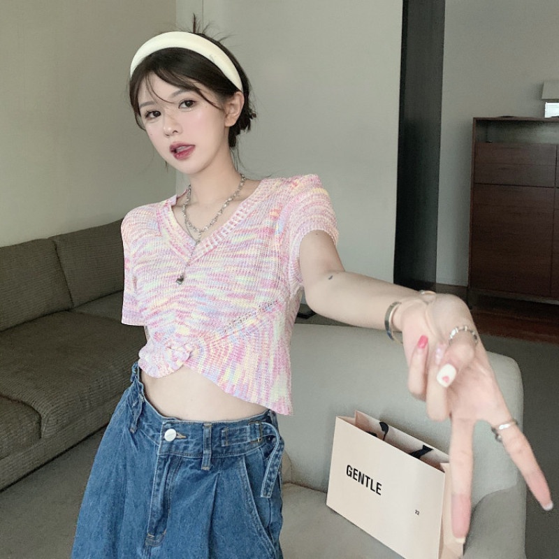 Áo Crop Top Dệt Kim Tay Ngắn Cổ Chữ V Lưng Cao Nhiều Màu Thời Trang Xinh Xắn Cho Nữ