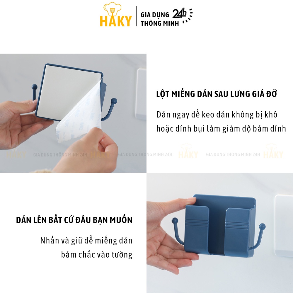 Giá đỡ dán tường để remote, sạc điện thoại có móc treo dây sạc, chìa khóa gọn gàng HAKY004, keo dán chắc, chịu lực &lt;2kg