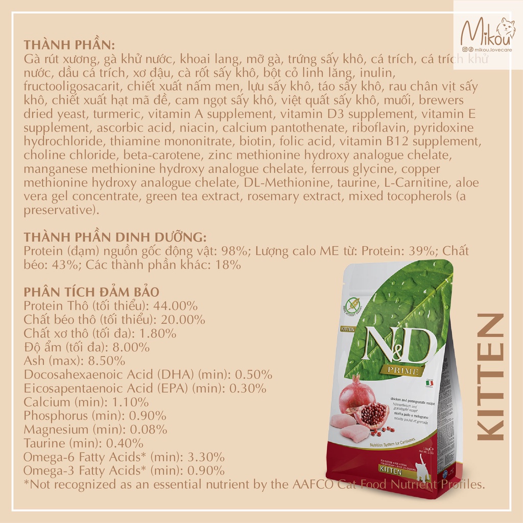 Thức ăn cho mèo con, mèo bầu và cho con bú, hạt cho mèo con, Kitten Prime, N&D Farmina, grain free, Mikou shop