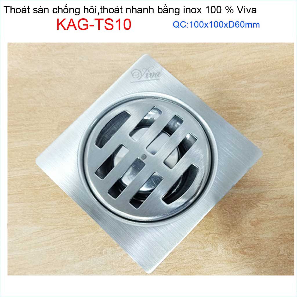 Hố ga thoát sàn Viva ống 6cm Inox mờ, phễu thoát nước chống hôi vuông 10x10cm KAG-TS10