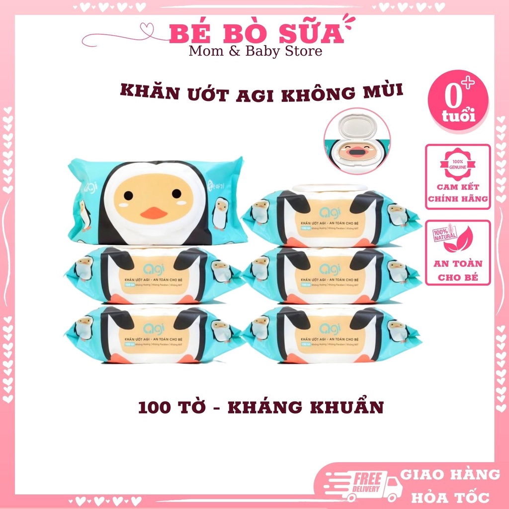 Khăn giấy ướt Agi, KHÔNG MÙI, 100 tờ, KHÔNG CỒN, an toàn cho bé yêu