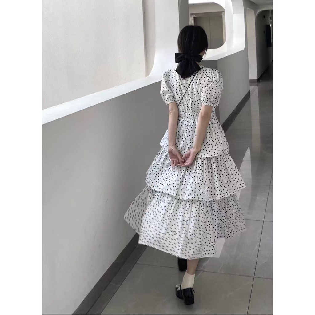 Đầm Tay Ngắn 2022 Họa Tiết Chấm Bi Đen Trắng Thời Trang Xuân Hè Cho Nữ
