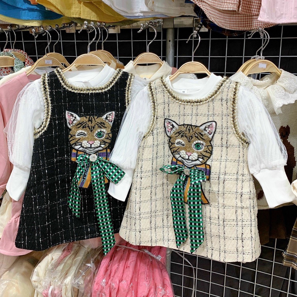 Đầm cho bé gái, set váy dạ kim sa cao cấp họa tiết mèo đeo nơ kèm áo cotton tay voan bồng cho bé