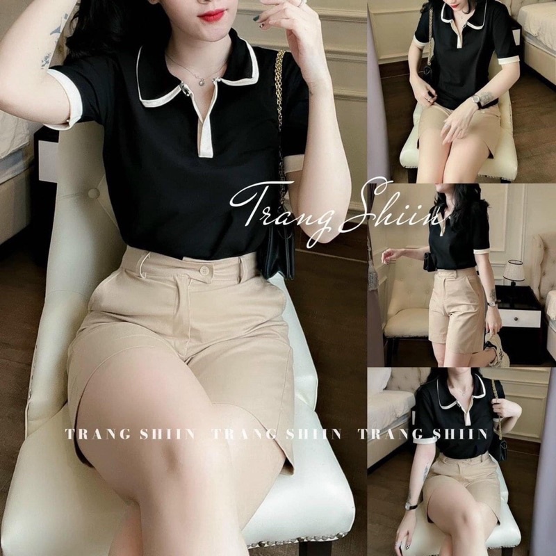 Set áo thun cổ bẻ viền + quần sooc kaki TTS588