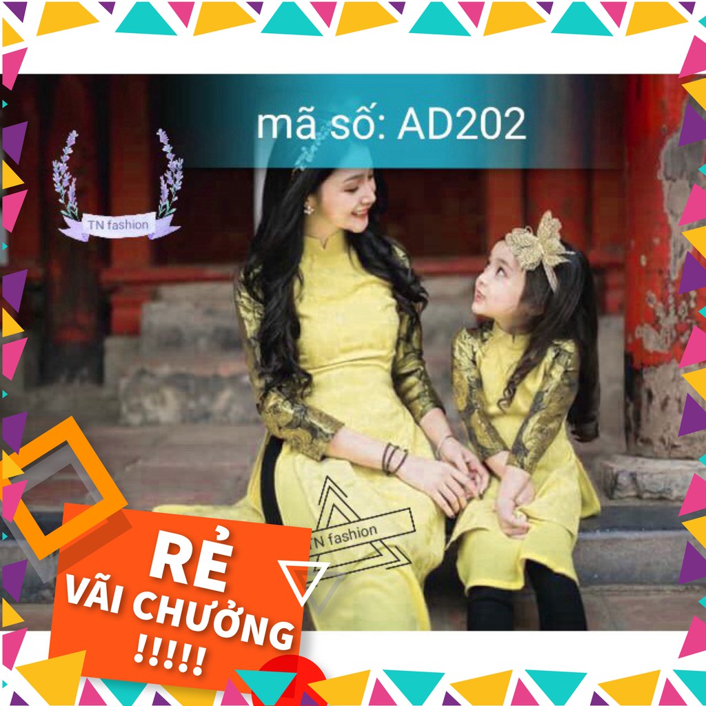 New AD202 có size lớn 4XL Set Áo Dài Cách Tân Mẹ và Bé CỔ TRỤ GẤM 2 TÀ PHỐI TAY HỌA TIẾT HOA HỒNG.