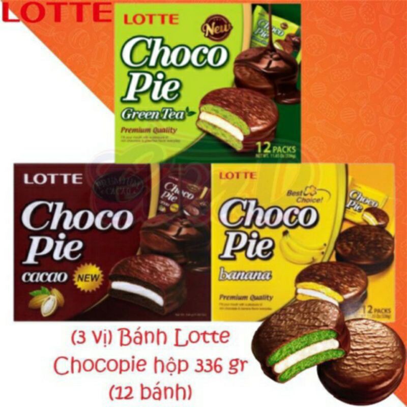 Hộp Bánh Chocopie Lotte Hàn Quốc 3 vị (cacao , chuối , trà xanh) hộp 12 cái