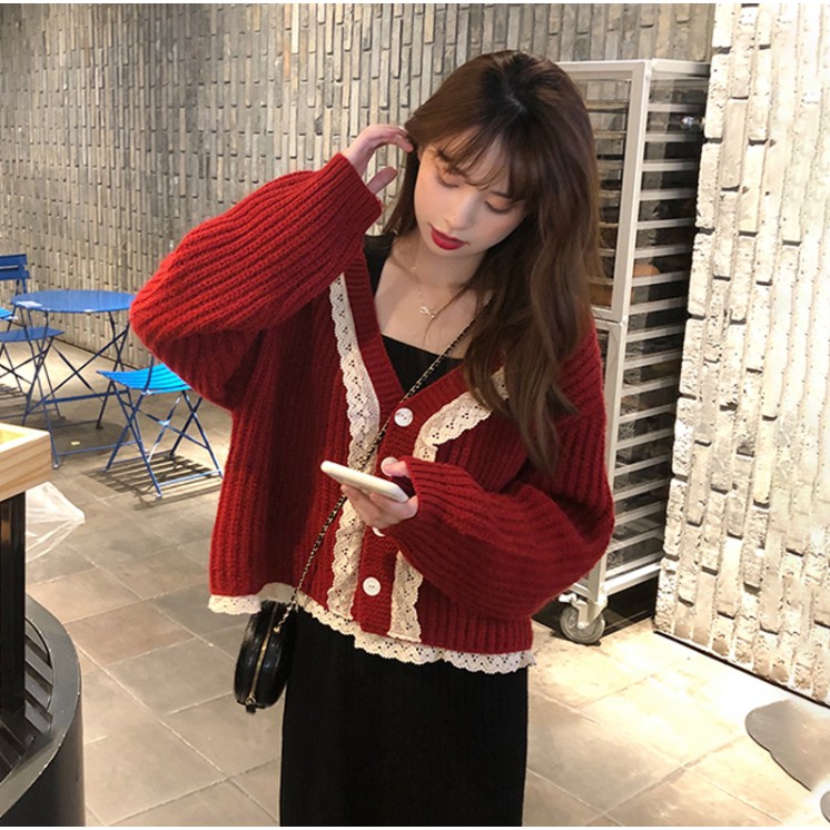 Áo Khoác Cardigan Dệt Kim Tay Dài Dáng Rộng Phối Ren Kiểu Hàn Quốc Thời Trang Thu Đông Cho Nữ 2021
