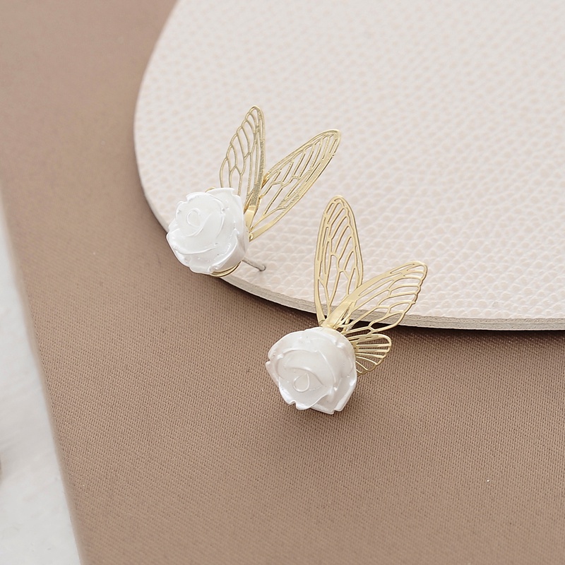 Bông Tai Hình Hoa Hồng Và Cánh Bướm Màu Trắng Dễ Thương Phong Cách Hàn Quốc Thời Trang Cho Nữ