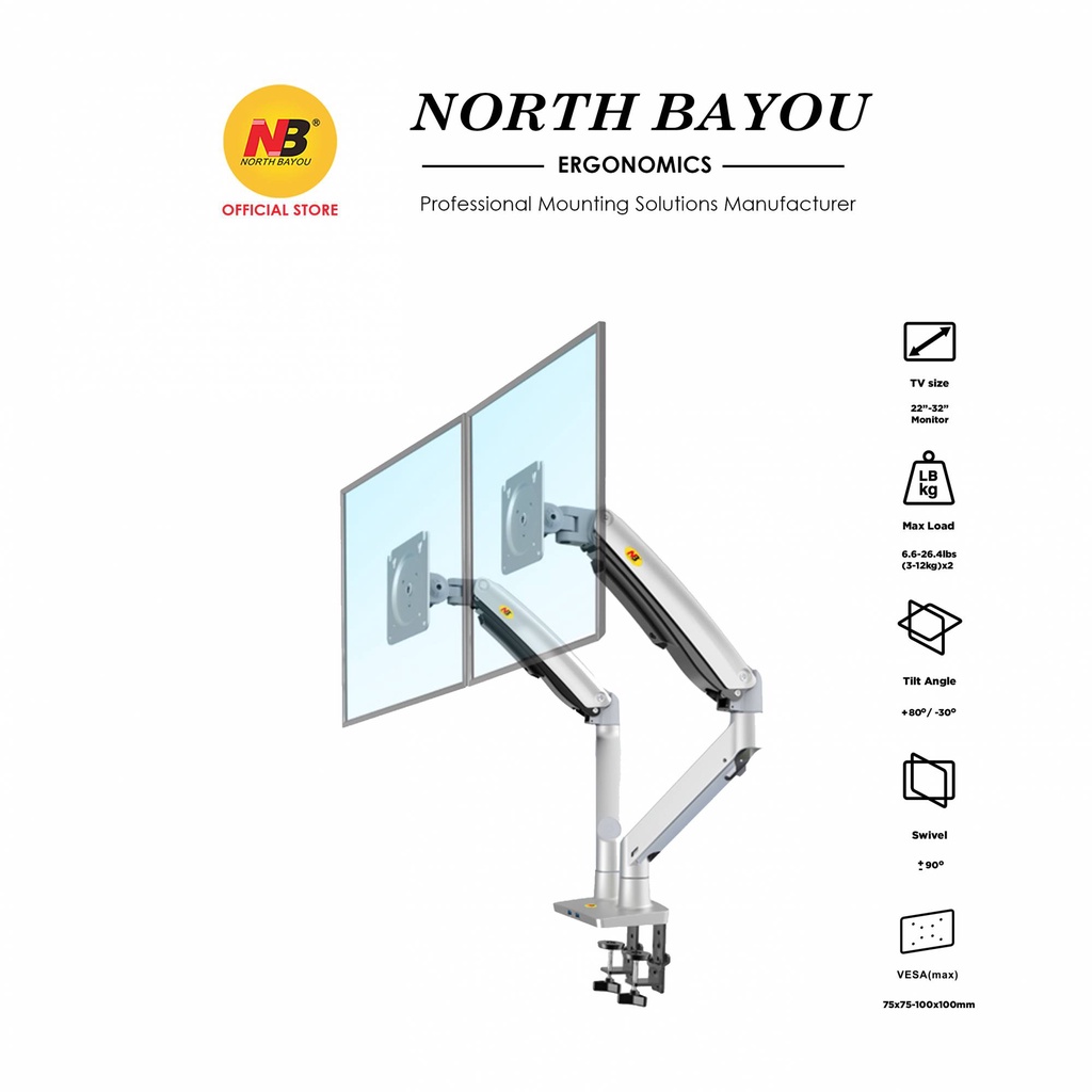 Giá Treo Hai Màn Hình Cao Cấp NB-F195A 22 - 32 Inch - Tay Treo Hai Màn Hình Máy Tính NorthBay