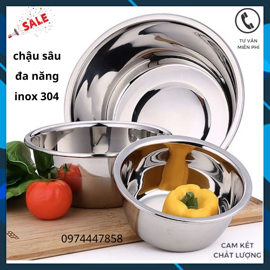 thau Chậu sâu inox su 304 siêu dày nhiều size 18-20-22- 24-26-30-32-34-36cm
