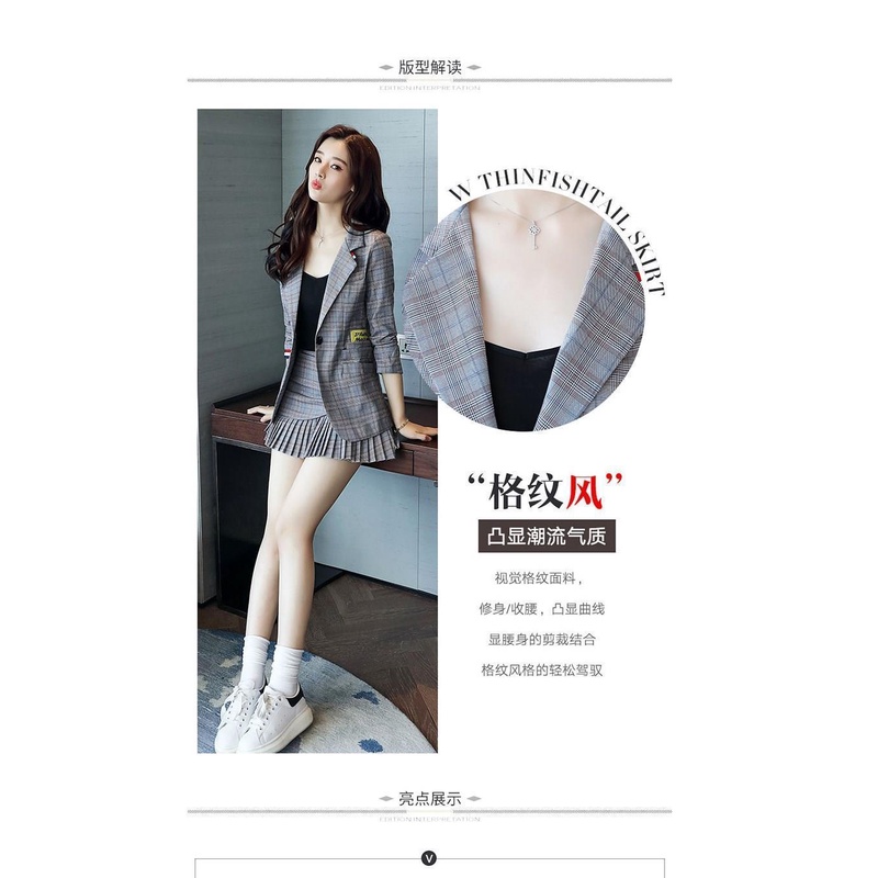 Bộ áo + chân váy xếp ly sọc ca rô thời trang xuân thu 2021 cho nữ