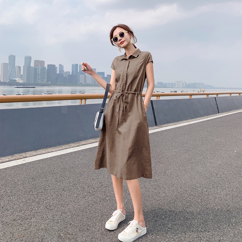Đầm Linen nữ, Váy sơ mi rút eo tay hến 2 túi sườn thời trang trẻ phong cách Hàn Quốc