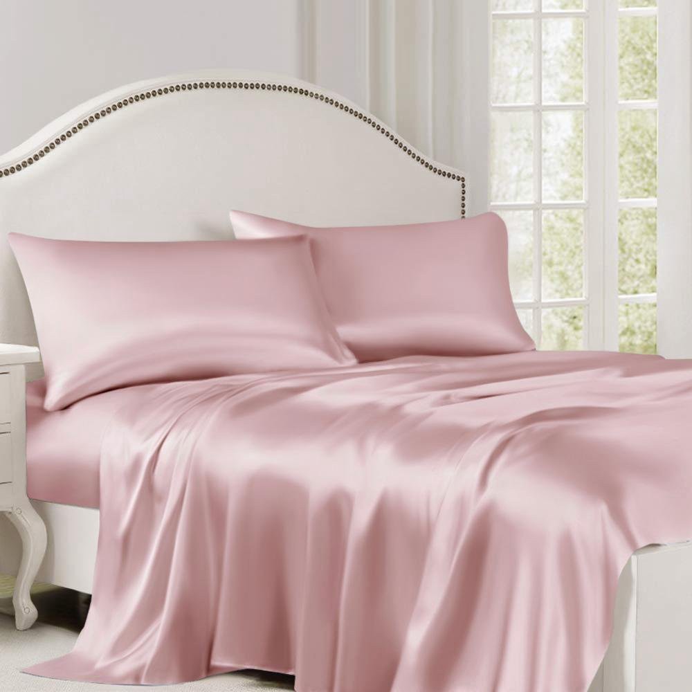 Bộ 4 Món Ga Gối Phi Lụa Mát Mịn - Hồng Phấn - Sỉ Ga Phi Lụa