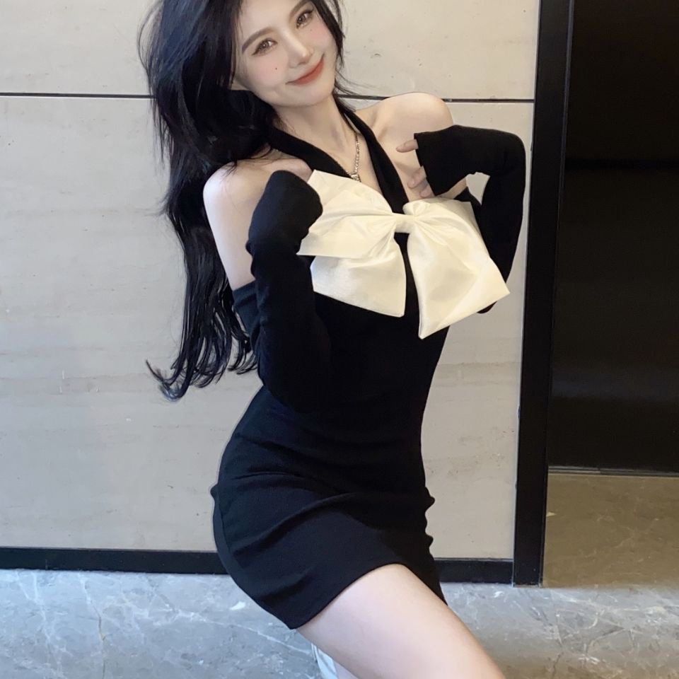 COZOK Đầm Tay Dài Trễ Vai Đính Nơ Kiểu Dáng Quyến Rũ