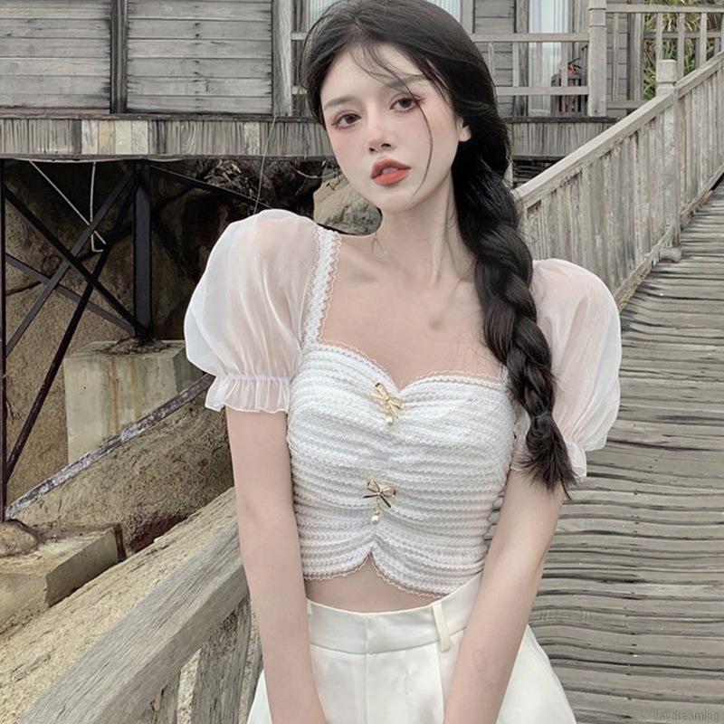 Áo Croptop Dệt Kim Tay Ngắn Cổ Vuông Thiết Kế Quyến Rũ Cho Phái Nữ