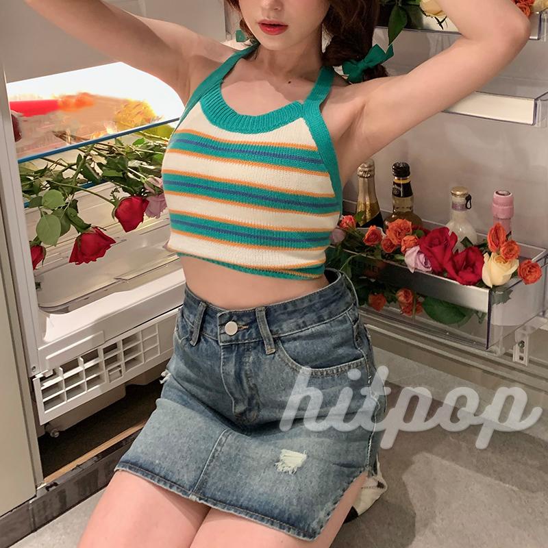 Áo croptop không tay cổ yếm hở lưng họa tiết sọc ngang màu xanh lá/xanh làm thời trang cho nữ