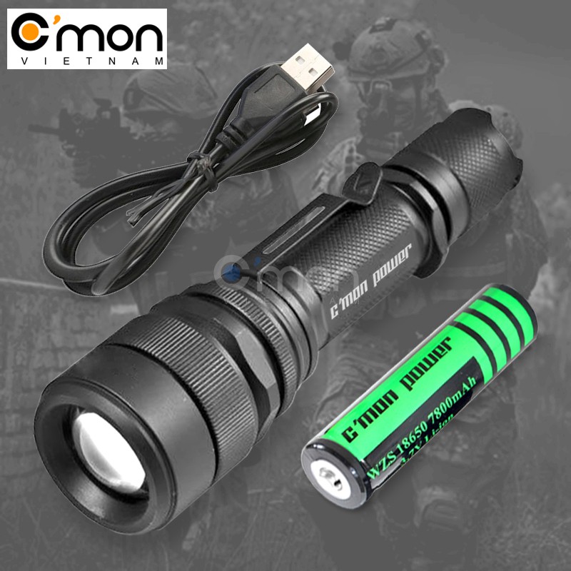 Bộ 1 đèn pin siêu sáng C'mon Power RANGER XML-L2 LED 10W + 1 pin 18650 + 1 sạc USB (xanh lá)