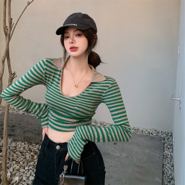 QKOOLE  Áo thun ôm dáng tay dài họa tiết kẻ sọc phong cách Hàn Quốc thời trang dành cho nữ
