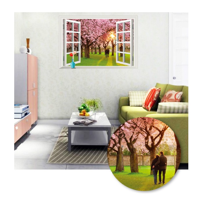 Decal trang trí cửa sổ 3D hoa đào và đôi tình nhân ( Kèm Video thật )