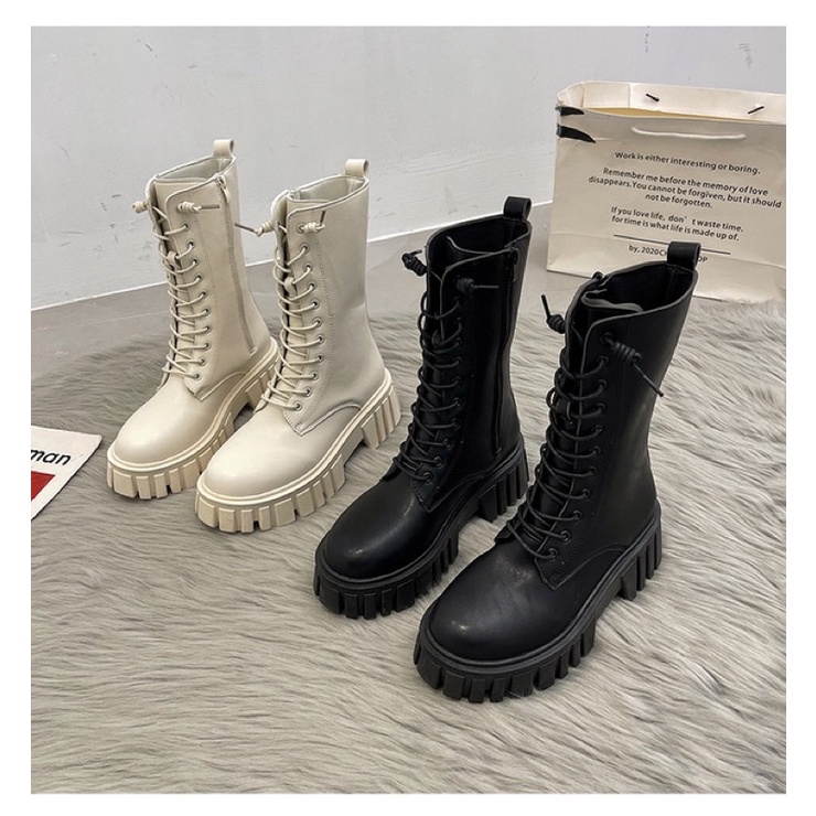 Boots Martin nữ cổ ngắn đan dây đế cao 6cm có khoá kéo