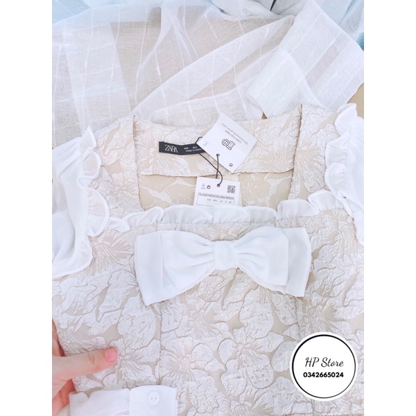 Váy gấm xốp phối nơ ngực phối tay voan siêu xinh