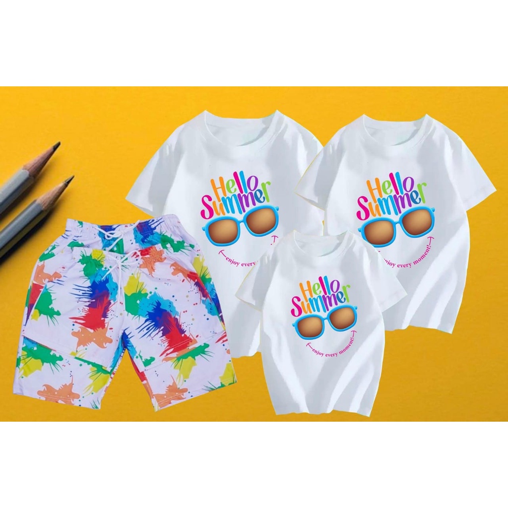 Áo thun gia đình, Đồng phục gia đình 3/4/5 người, áo nhóm giá rẻ thun cotton mát mịn - in chữ HELLO SUMMER mắt kính