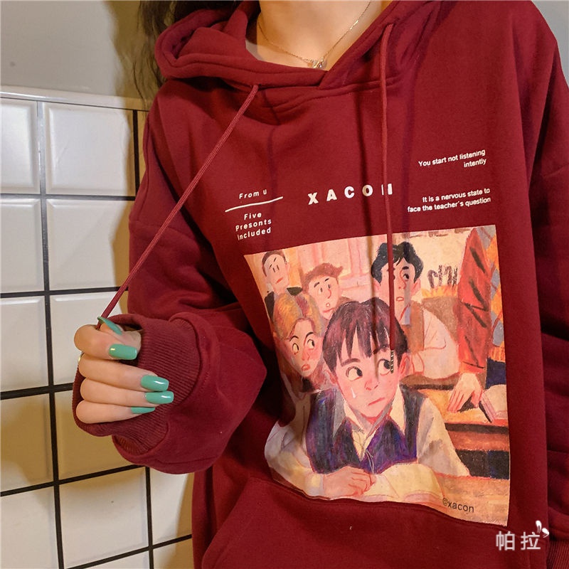 Áo Hoodie Tay Dài Dáng Rộng In Họa Tiết Hoạt Hình Màu Đỏ Rượu Thời Trang Cho Nữ